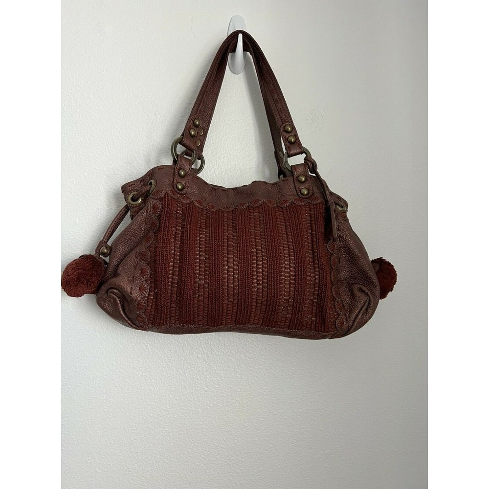 Isabelle Fiore Burgundy Red Leather Boho Bag Tassels Crochet Pom Poms Fa…